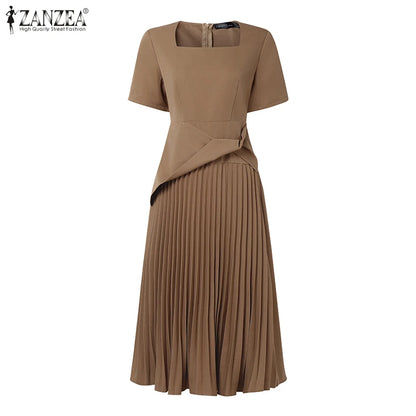 ZANZEA Elegant Office Work Dresses 2025 Women Summer Dress Square Neck Party Sundress Fashion Short Sleeve Pleated Vestidos Robe