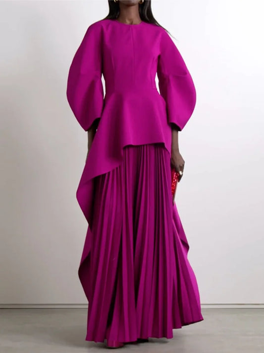 Yeezzi Elegant Solid Color Split-Joint Tiered Pleated Cocktail Dress Long Sleeves O-Neck Party Banquet Maxi Dresses 2025 New