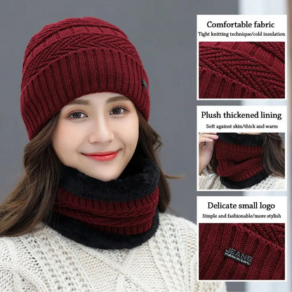 Men Women Winter Beanie Hat Scarf Casual Thermal Fleece Knitted Hat Soft Warm Balaclava Wool Neck Warmer Scarf Cap