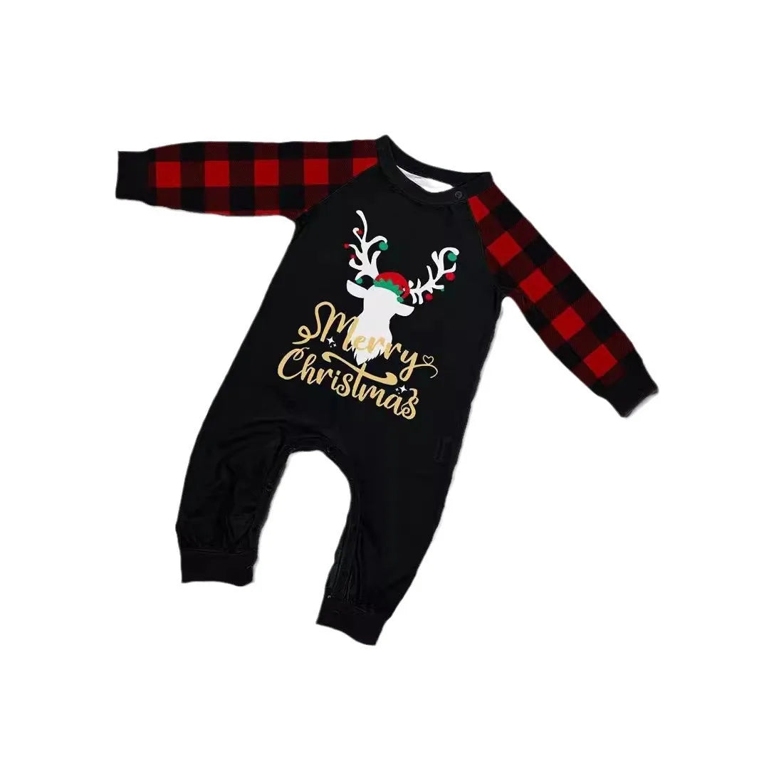 Christmas family suit, family pajamas set, round neck red and black check cute deer print long sleeve home suit