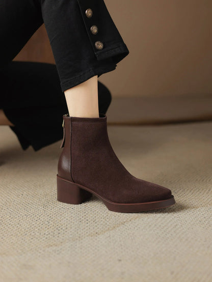Krazing Pot Trend Plus Size 34-43 Cow Suede Square Toe Med Heels Retro Modern Boots Warm Winter Shoes Dating Concise Ankle Boots