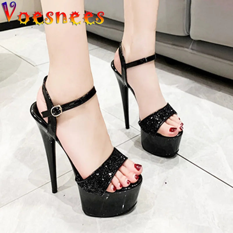 Black Platform Sandals Women's Party Dress Elegant High Heels Summer New Stiletto Shiny Sequins Wedding Shoes Zapatillas Mujer
