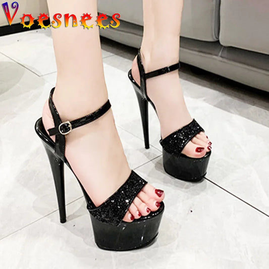 Black Platform Sandals Women's Party Dress Elegant High Heels Summer New Stiletto Shiny Sequins Wedding Shoes Zapatillas Mujer