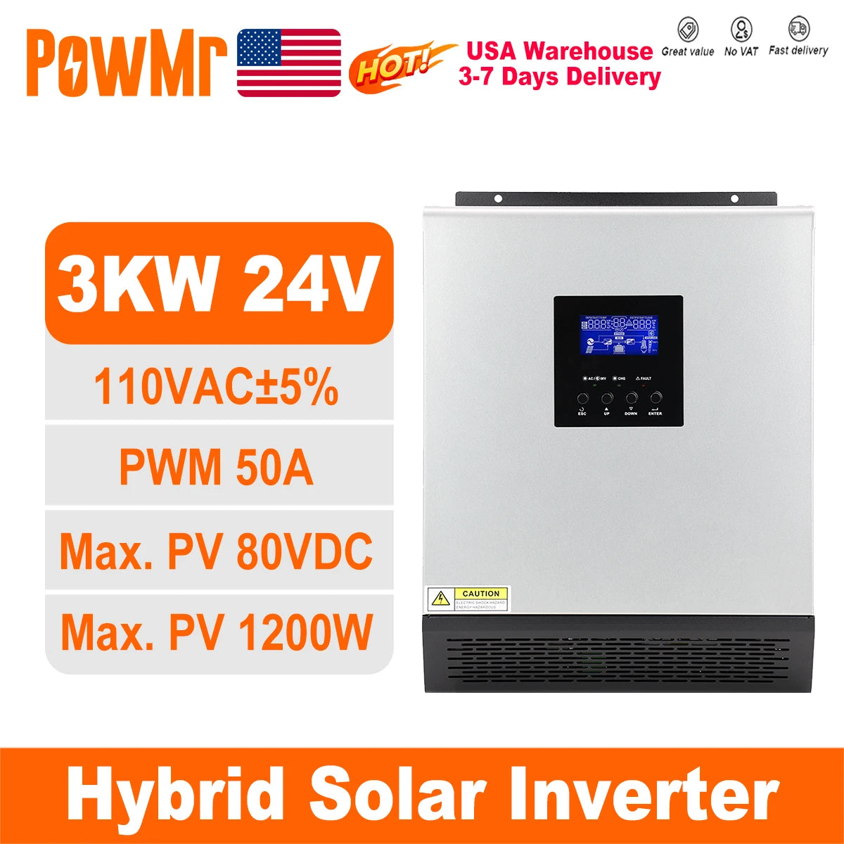 PowMr 3KW Hybrid Solar Inverter 24V to 110V 120V 2400W Pure Sine Wave PWM 50A Solar Charge Controller and AC Charger for Home