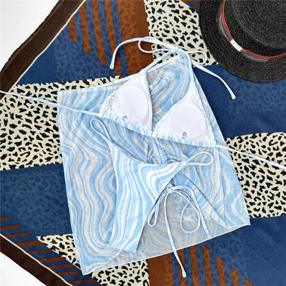 2025 New Sexy Striped Printed Three Pieces Bikini Sets Swimsuit For Women Swimwear Female Halter Strappy Bathing Suits Beachwear