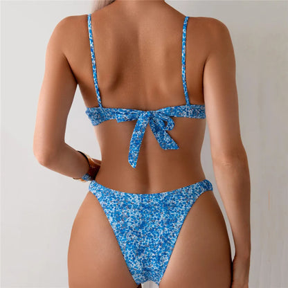 Pink Floral Print Lace-up Bikini Push Up Thong Sexy Swimsuit Women 2025 Holiday Back Knotted Swimwear Bathing Suit Bikinis Sets