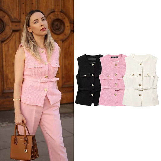 RAFZNB Fashion with Belt Waistcoat for Women Spring O Neck Sleeveless Single Breasted Slim Vest Casual Female Outerwear Chic Top