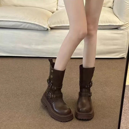 Platform Mid Calf Boots for Women 2025, Mallard Color Furry Lined Winter Shoes with Buckle, Comfortable Thick Sole Boots