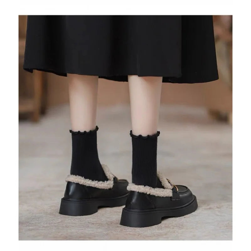 Women's Fur Lined Loafers Chunky Platform Winter Shoes Horsebit Slip On  Comfortable Flats