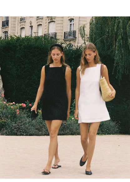 Dresses 2025 Woman Cotton Linen Square Collar Sleeveless Summer White Black Short Mini Holiday Beach Streetwear Elegant Vestidos