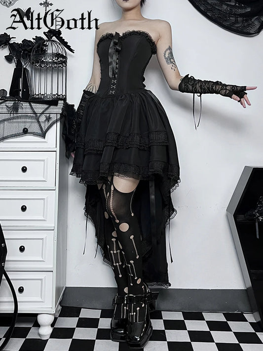 AltGoth Vintage Palace Style Goth Dress Women Dark Aesthetic Fairycore Grunge Elegant Lace Patchwork High Waist Dress Partywear