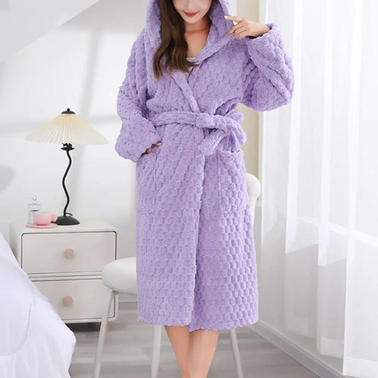 Thicken Fuzzy Robes Bathrobe Long Women Cute Ear Warm Hooded Robe Coral Fleece Kimono Bath Robe Dressing Gown Velvet Sleepwear