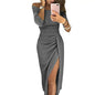 2025 Shiny Women Dress Bright Surface Sexy Off Shoulder Pleated High Waist Split Bodycon Dress Pleated Hip Wrap Evening Dress