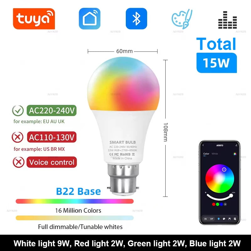 Tuya Bluetooth LED Bulb Dimmable 15W 18W E27 B22 220V RGBCW Color Change Lamps  Smart Life APP Group Control Music Rhythm Timing
