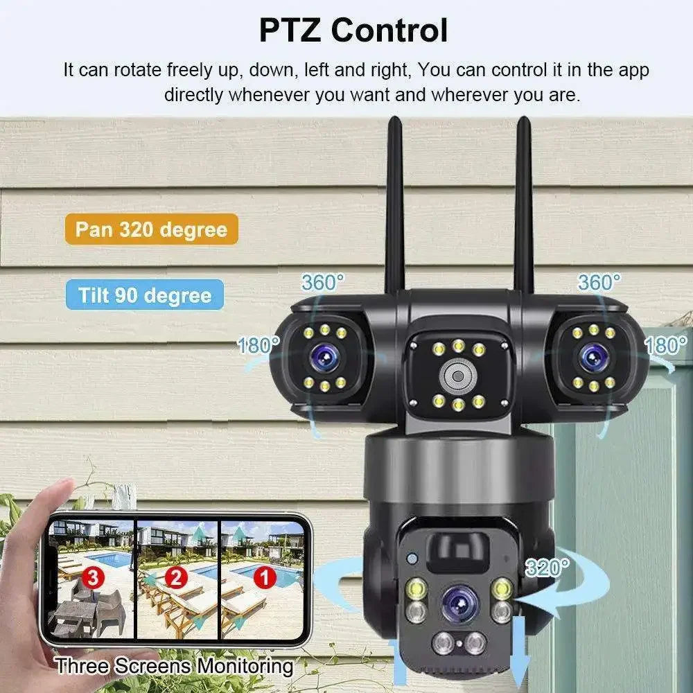 Solar WiFi Security Camera, V380 Pro  Triple Screen PTZ CCTV, AI Auto Tracking, Waterproof Outdoor Wireless Solar Camera