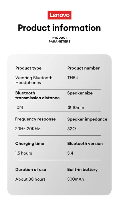 Original Lenovo TH54 Wireless Bluetooth 5.4 Earphones Long Battery Life Wearing Headphone HIFI Level Sound Quality Music Headset