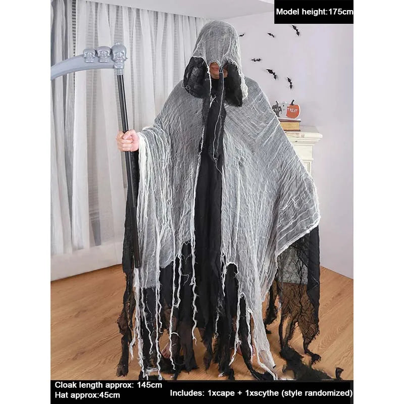 Halloween Hooded Cloak Medieval Renaissance Gothic Wizard Cape Grim Reaper Cosplay Costume for Adult Scythe Weapon Prop