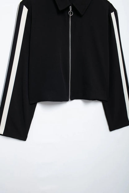 TRAFZA 2024 New Women Casual Black Trousers Suits Sports Short Jacket + Female Vinatge Black White Patchwork Baggy Pants Street