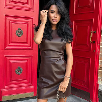Talenza Skinny Leather Dress Women's Fashion Round Neck Solid Retro Short Dress Y2k Leather High Waist Party Evening Dress 2025