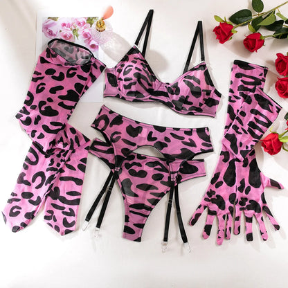 Sexy Perspective Breast Gather Printed Lingerie Set with Gloves Leg Set for Women's Five Piece Set Female Fun Bra & Brief Sets