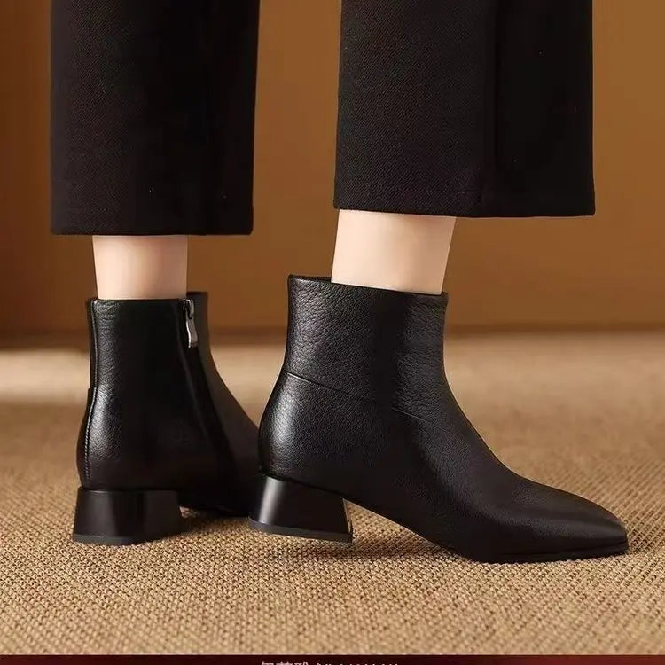 Women's Ankle Boots Genuine Leather Square Toe Chunky Block Heel Side Zipper Mid Calf Booties Fashion Casual Winter Shoes
