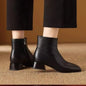 Women's Ankle Boots Genuine Leather Square Toe Chunky Block Heel Side Zipper Mid Calf Booties Fashion Casual Winter Shoes