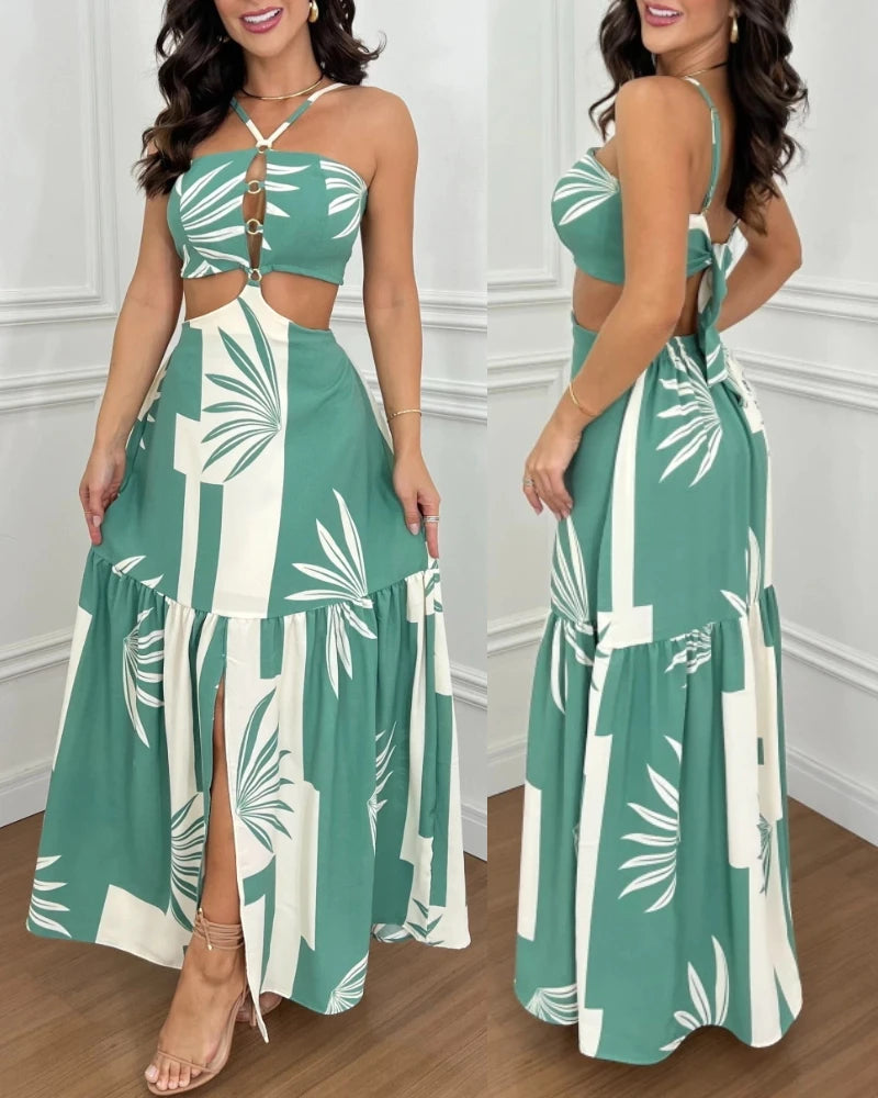 Womens Dresses Spring Colorblock Tropical Print Sexy Halter Waist Cutout Maxi Dress Casual Slit Criss Cross A Line Dress