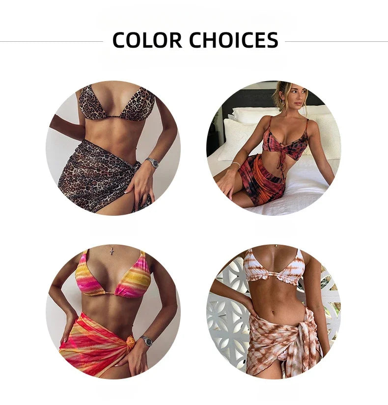 3 Piece Bikini Set Sexy Swimwear Swimsuit Women Triangle Leopard Rainbow Tie Dye Bikinis Set Bathing Suit Beach Skirt Cover Up
