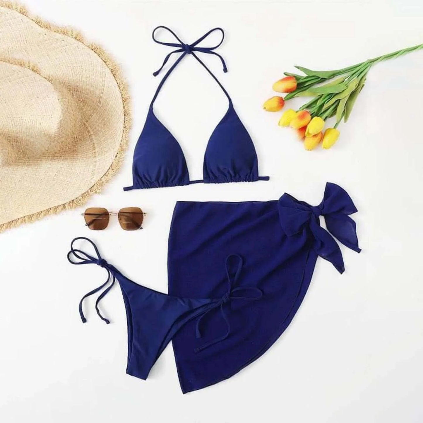Sexy Three Pieces Bikini Set Women Summer Bikini With Sarong Skirt Solid Color Triangle Cup Tie Up Female Swimwear Swimming Suit