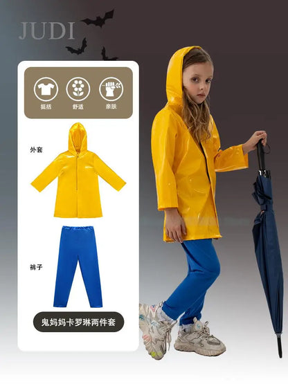 Horror Fairytale Movies Coraline Cosplay Costume Wig Size Halloween Party Scary Yellow Coat Secret Door Adult Kid Roleplay Suit