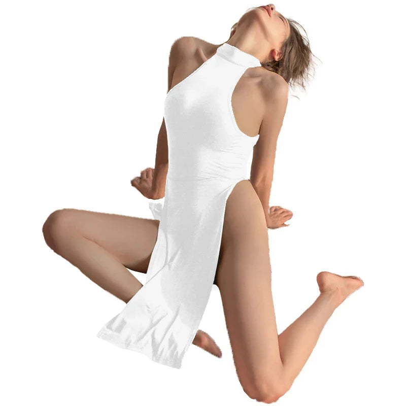 Fashion Sexy Side Slit Dress For Women Tight Fitting Wrap Hip Sleeveless Exotic Dresses Turtleneck Bodycon Black Street Clubwear