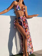 New Cube Printed Halter Bikini Female Swimsuit Women Swimwear Three-pieces Bikini set With Sarong Bather Bathing Suit Swim V2804
