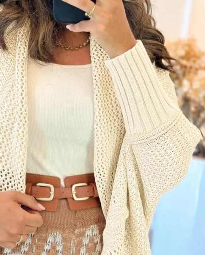 Cardigan for Women Spring Autumn New Solid Color Open Front Casual Batwing Sleeve Hollow-Out Long Sleeve Loose Cardigan