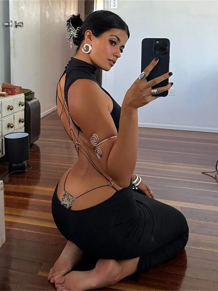 Nibber Cross Bandage Dress Women Y2K Butterfly Metal Hollow Backless Sleeveless Fitness Midnight Club Summer Vacation Bodyco