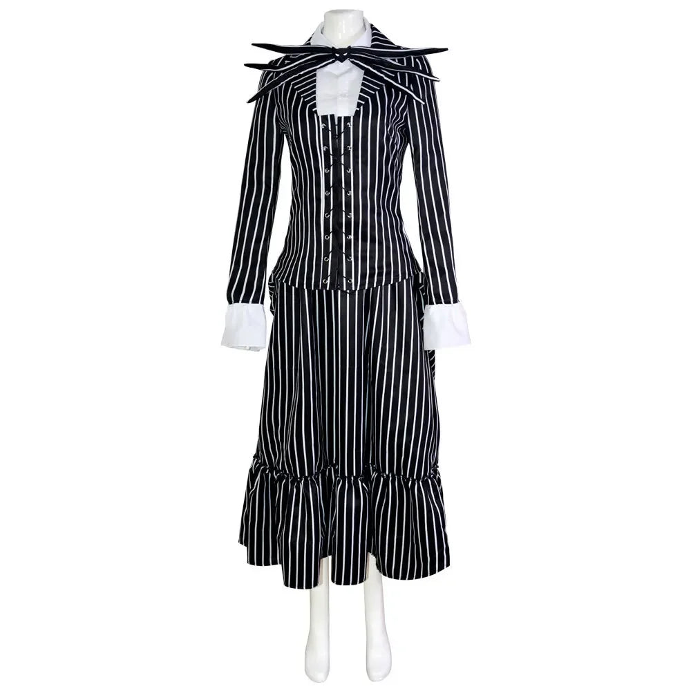 Christmas Eve Costume Jack on Skeleton Men's Women's Full Sally Black and White Stripes Cosplay Halloween