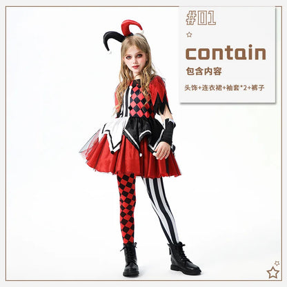 Naughty Girls Clown Costume Kids Circus Scary Tutu Dress Halloween Cosplay Costumes Carnival Party Jester Dress Up Full Set