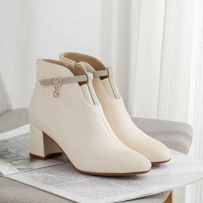 Leather Waterproof Women's Ankle Boots Round Toe Elegant Luxury Heeled Female Short Shoes Autumn Winter Warm Chic Pu Booties