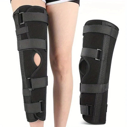Adjustable Knee Ligament And Meniscus Stabilizer with a Long Leg Support Strap, Featuring Plates And a Buckle Closure