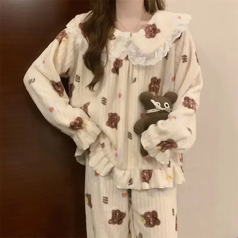 Ruffles Pajamas for Women Autumn Winter Peter Pan Collar Ruffle Sleeve Pajama Top and Elastice Waist Pants 2 Pcs Pajama Sets