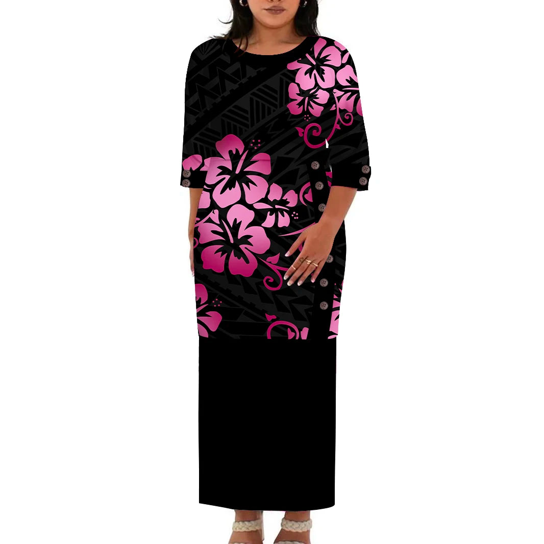 Hawaii Style Design Big Size Ladies Long Dress Custom Polynesian Puletasi Ptaha Dress O Neck Prom Clothes 2 Piece Outfits Sets