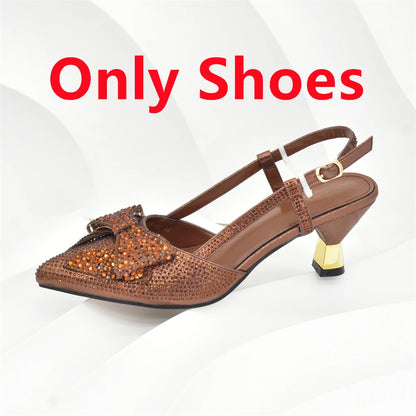 2025 Fashiona Banquet Exquisite Party Top Luxury Pointed Toe Bowtie Bright Diamond Summer Women's High Heels Shoes and Bags Set