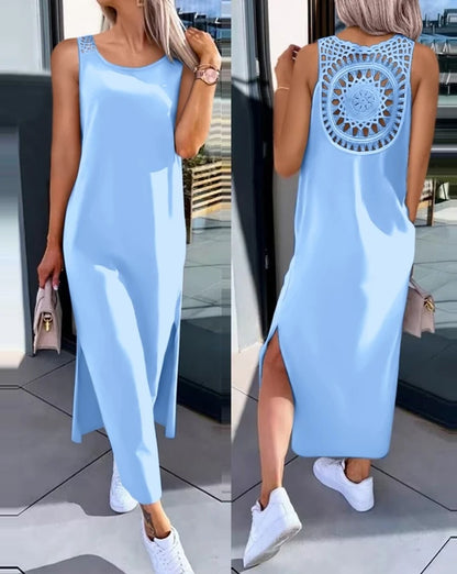 Womens Dresses Summer Fashion Slit Hollow-Out Casual Plain Round Neck Sleeveless Daily Straight Mid-Calf Dress