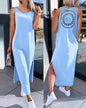 Womens Dresses Summer Fashion Slit Hollow-Out Casual Plain Round Neck Sleeveless Daily Straight Mid-Calf Dress