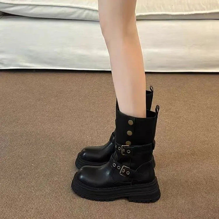 Platform Mid Calf Boots for Women 2025, Mallard Color Furry Lined Winter Shoes with Buckle, Comfortable Thick Sole Boots