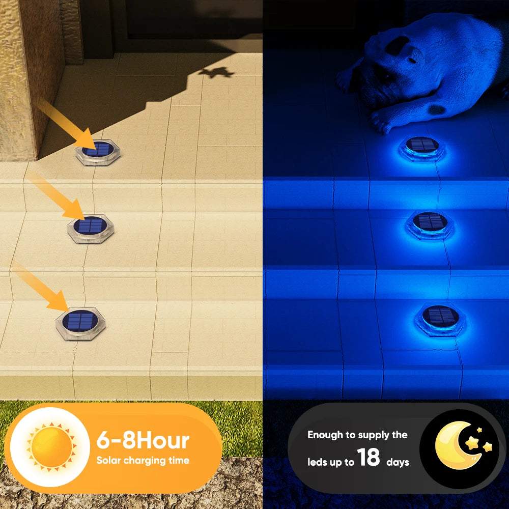 Blue Solar powered Outdoor LED Garden Lights Auto On/Off Waterproof IP68 Step Railing Stairs Yard Patio Pathway Driveway Light