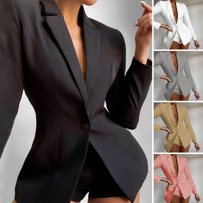 Women Suit Coat Single Button Lapel Deep V Neck Solid Color Formal Business OL Commute Lady Coat Jacket Slim Fit Blazer