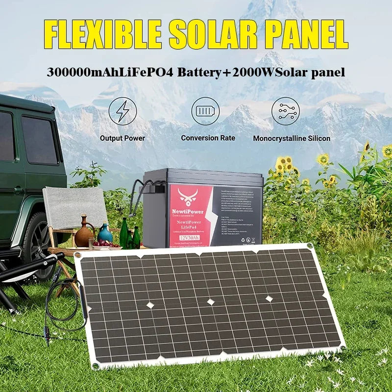 2000W Off-Grid Solar Complete Kit Power 100A Controller,110V 220V Inverter&10AH 30AH LiFePO4 Battery for Home/RV/Camping