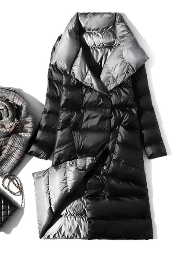 Fashionable White Duck Down New Double-sided Ultra Light Jacket for Women's Winter Slim Fit Single Breasted Warm Parka Coat