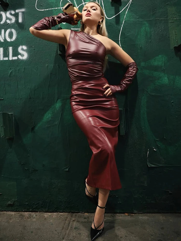 Talenza Off Shoulder Leather Long Dress Women Fashion Skinny Sexy Pleated Party Dress Y2k Strapless PU Leather Patchwork Dress