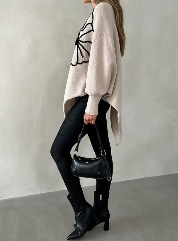 Women's Sweater Spring Autumn New Jacquard Batwing Sleeve Asymmetrical Pullover Sweater Casual Round Neck Loose Fit Top